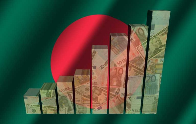Currency graph on rippled Bangladesh flag 3d illustration